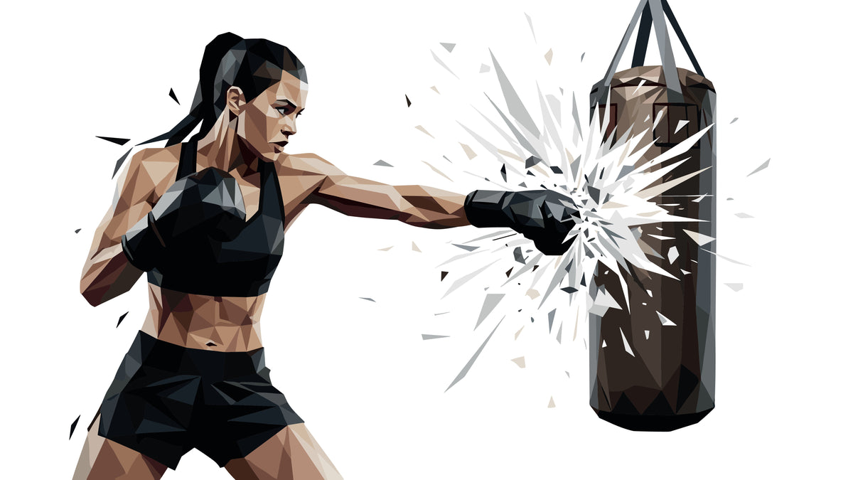 Strong woman jabbing hanging bag