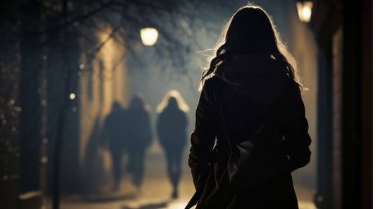 woman walking alone in dark alleyway