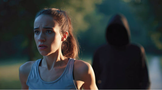 woman looking scared being followed