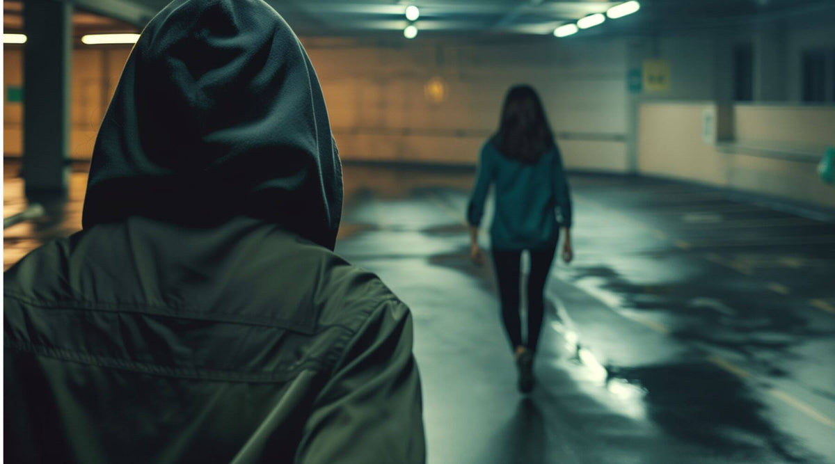 woman walking in dark parking ramp 