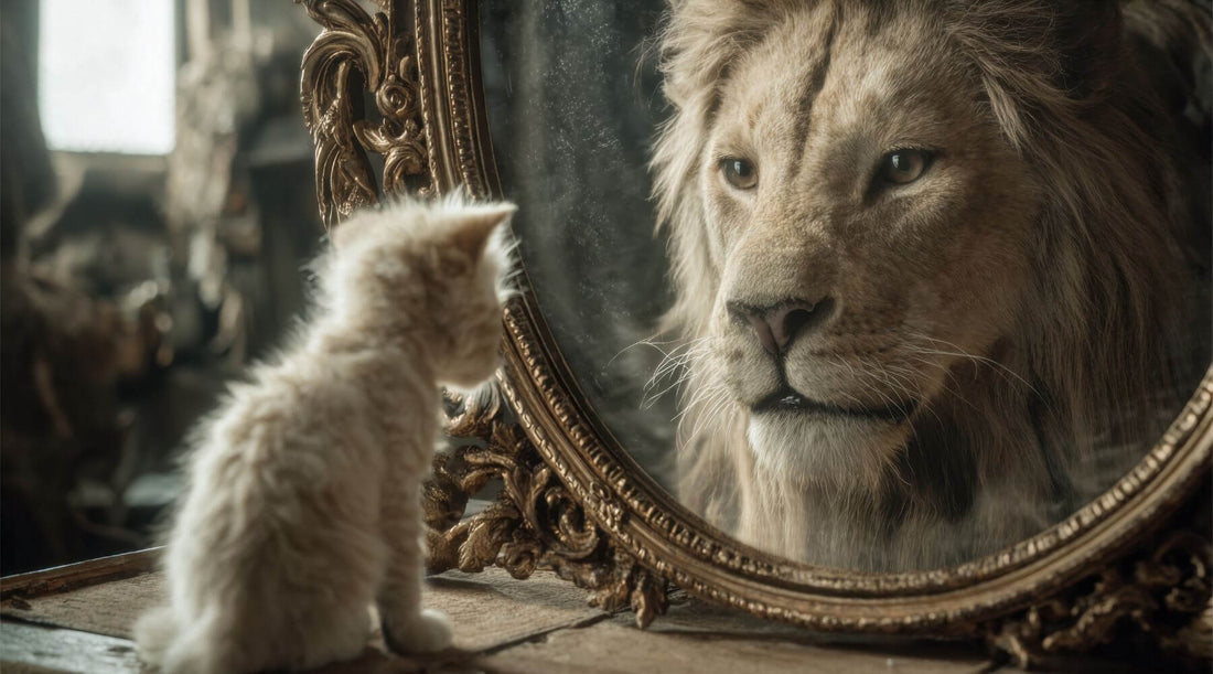 kitten looking in mirror and sees a lion