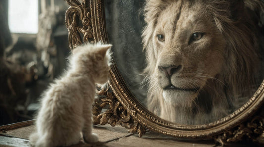 kitten looking in mirror and sees a lion