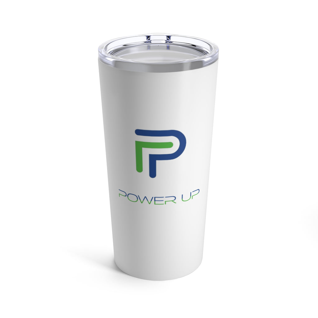 White stainless steel Tumbler with a blue and green large letter P on the front with the words Power Up below it