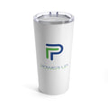 White stainless steel Tumbler with a blue and green large letter P on the front with the words Power Up below it