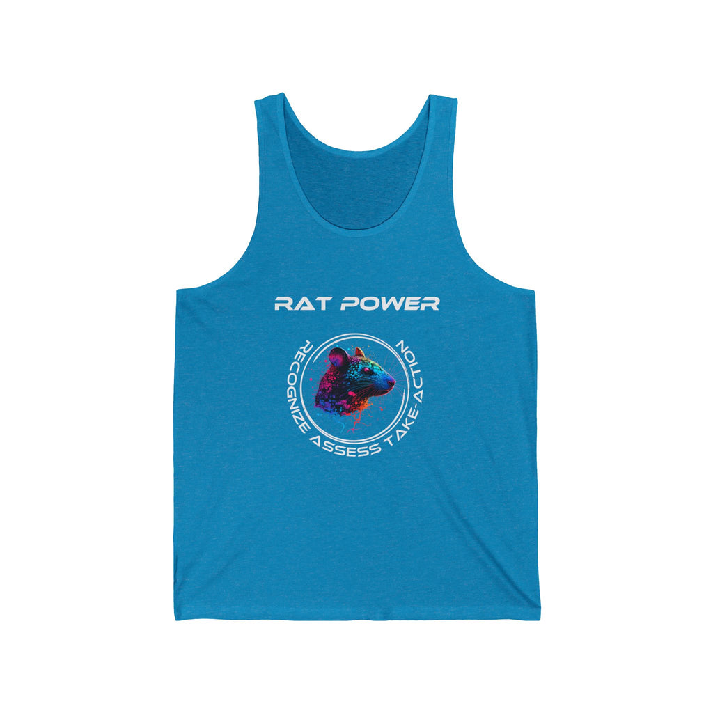 Blue tank top with the words RAT POWER and an illustration of a colorful rat head in the center with the words Recognize Assess Take-Action around it