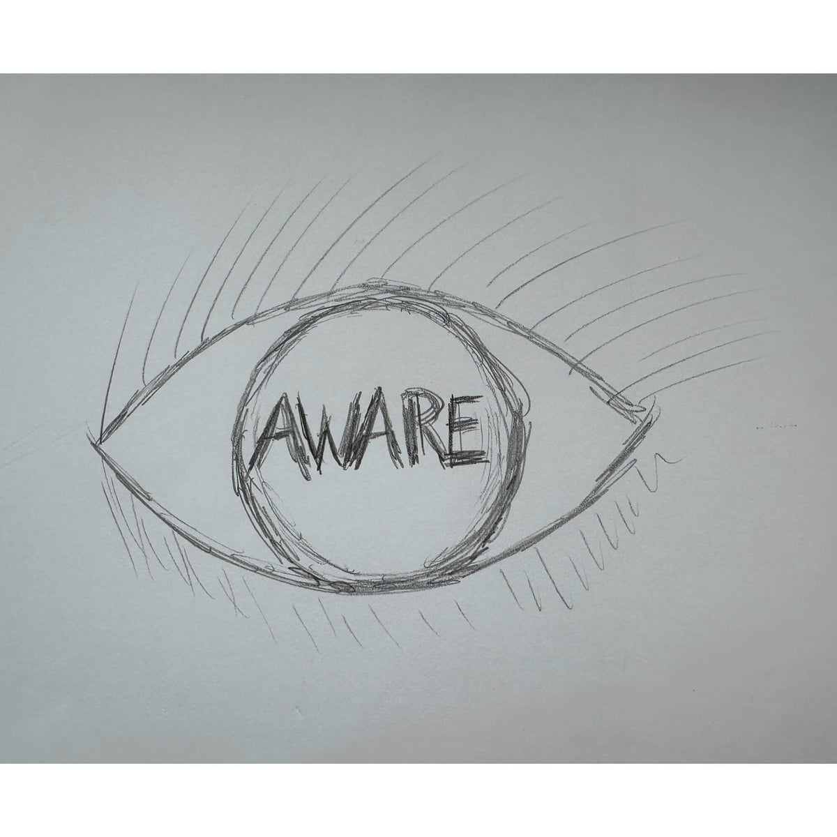 Sketch of an eye with the word 'AWARE' inside on a gray background
