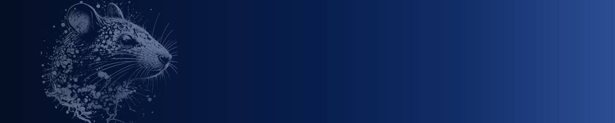 A dark blue gradient background with a stylized white and light-blue digital illustration of the RAT Power logo on the left side.