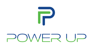 Logo of 'Power Up' with a stylized letter 'P' in green and blue on a white background
