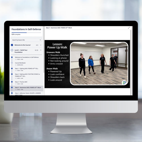Computer monitor displaying a self-defense training course