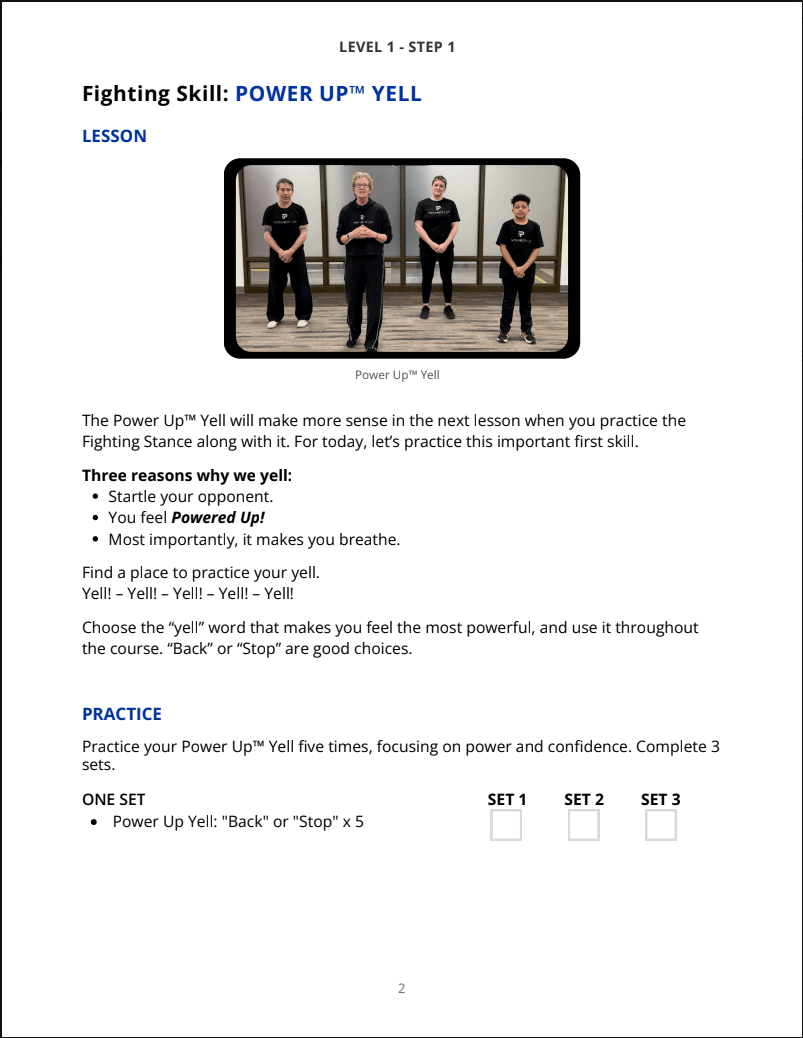 A printed lesson page titled 'Fighting Skill: POWER UP! YELL' with a small inset photo of four men demonstrating the power pose, followed by instructional text and practice checkboxes.
