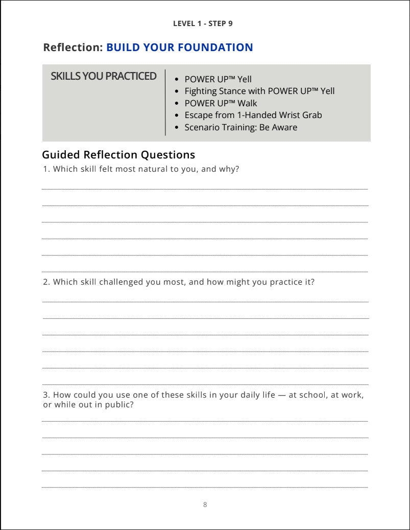 A printed worksheet page titled 'Reflection: BUILD YOUR FOUNDATION' with instructional text, a skills summary box, and three guided reflection questions with lined answer spaces on a white page.