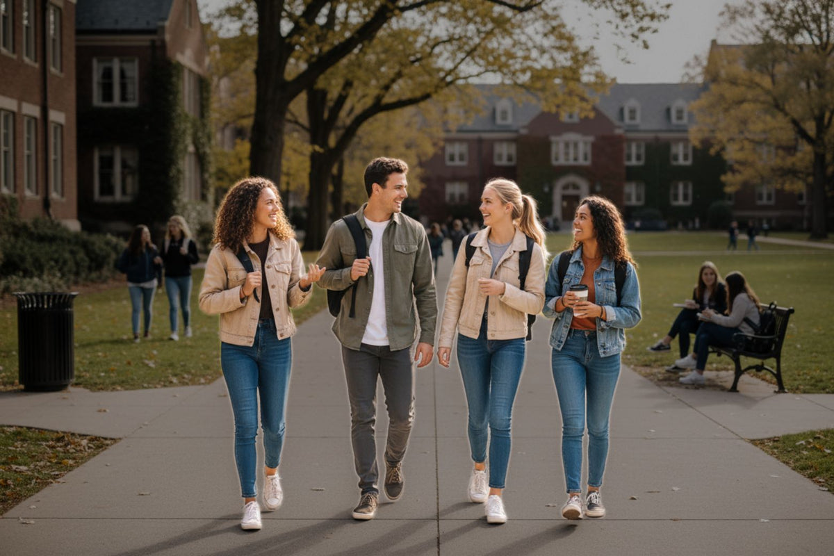 Four young adults walking and talking on a campus pathway, with brick buildings, trees, and seated students in the background.