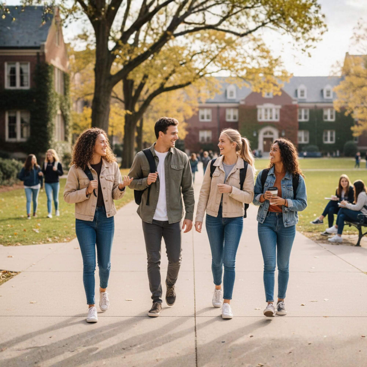 Four students walking on a college campus path in front of buildings
